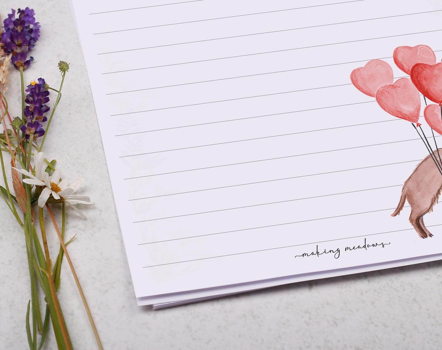 A5 writing paper with sausage dog. Stationery designed by Making Meadows