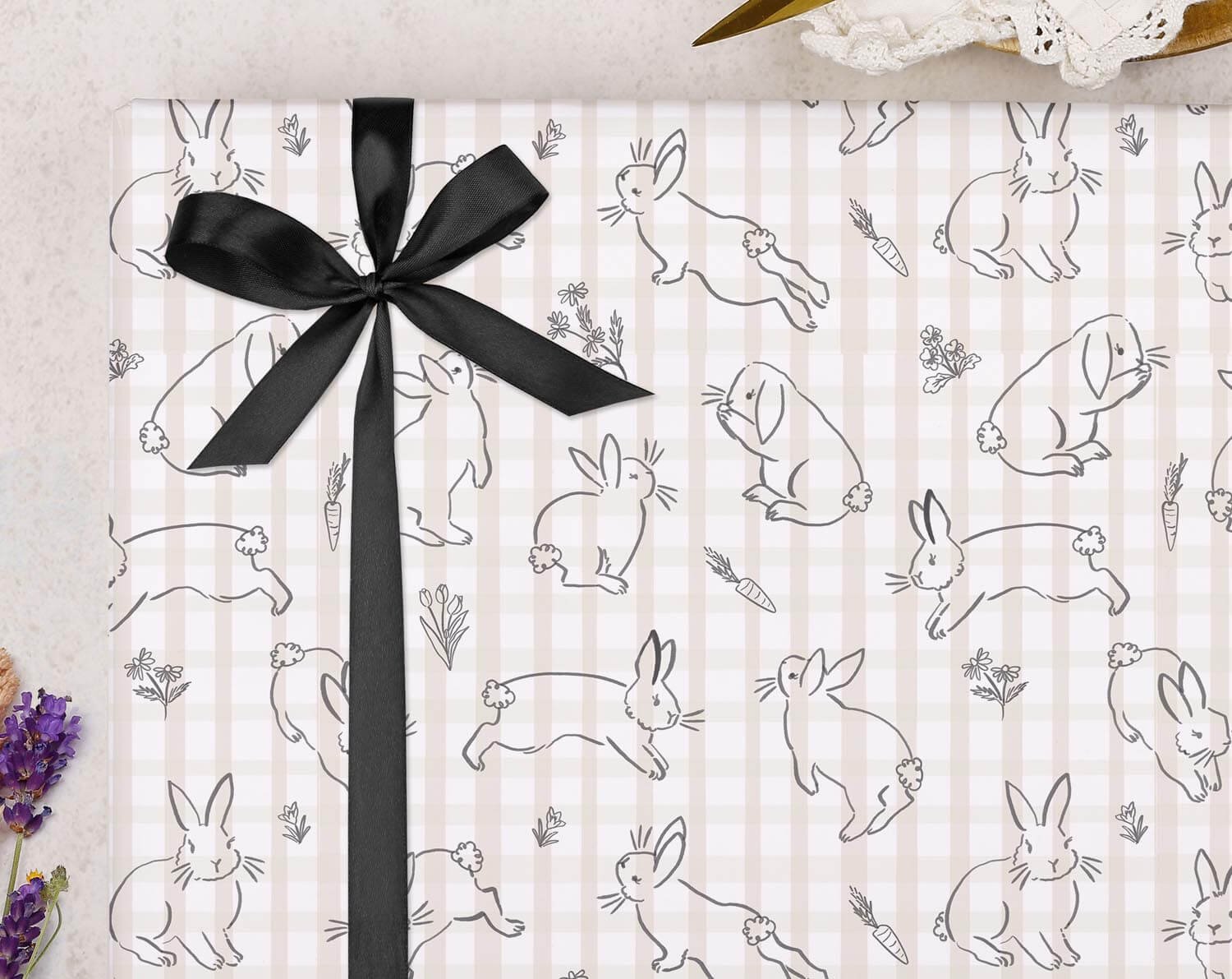 Beige Gingham Bunny Wrapping Paper. Wrapping Paper designed by Making Meadows