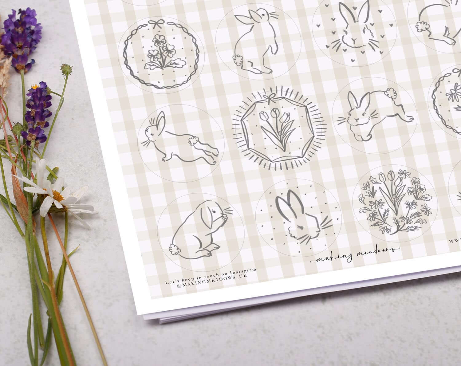 Beige Gingham Rabbit Sticker Sheet. Decorative Stickers designed by Making Meadows
