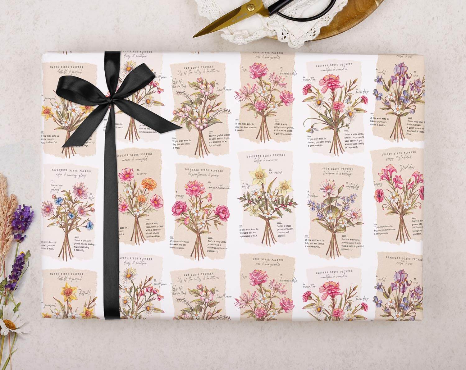 Birth Flower Vintage Wrapping Paper. Wrapping Paper designed by Making Meadows