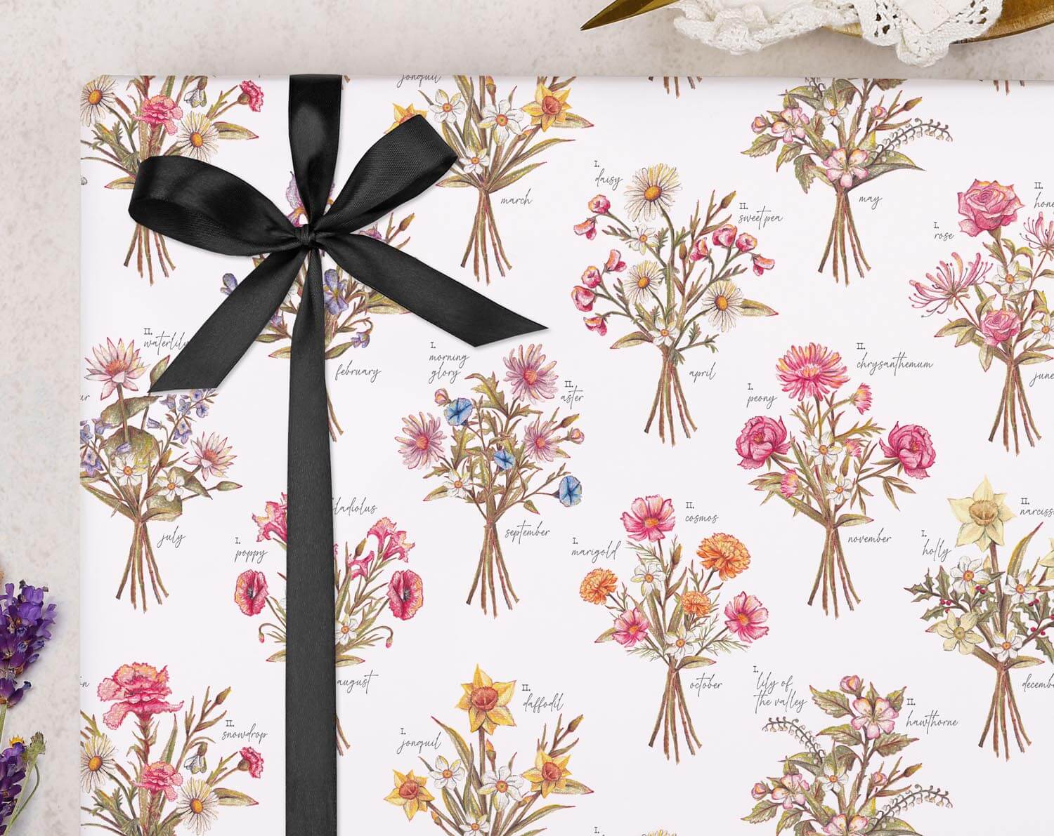 Birth Flower Wrapping Paper. Wrapping Paper designed by Making Meadows
