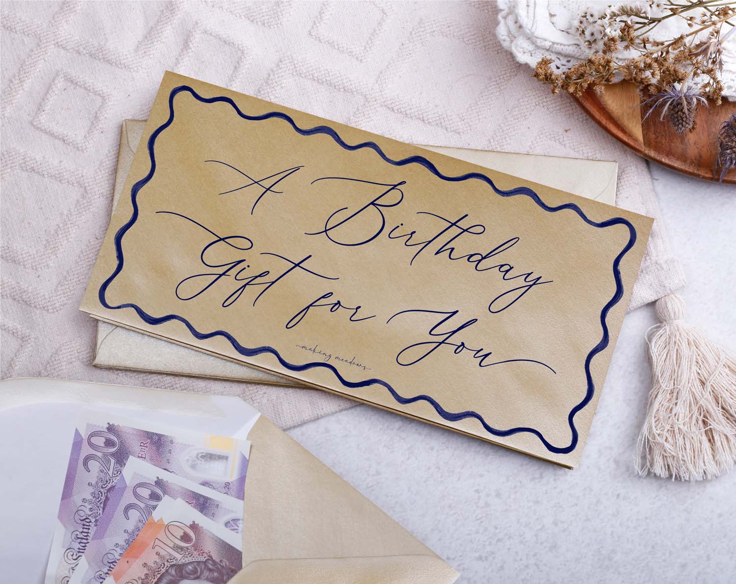 Birthday Gift Money Envelopes featuring a blue wave pattern and the text 'A Birthday Gift For You' on a decorative envelope.