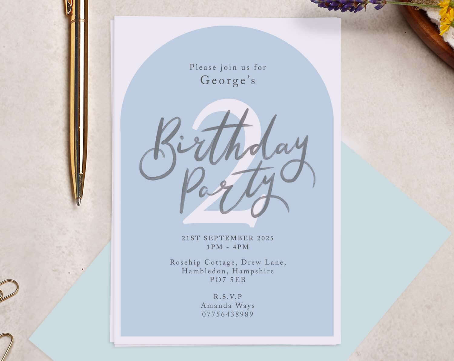 Personalised A6 Blue Birthday Invitation