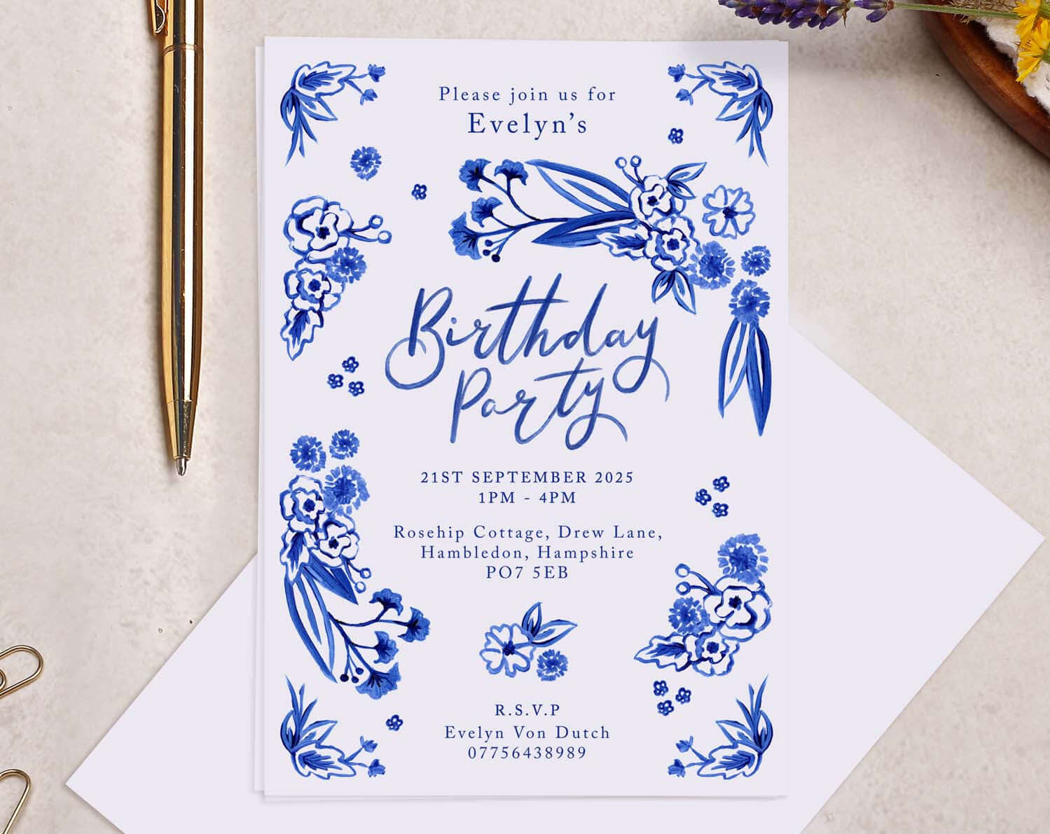Personalised A6 Blue Floral Birthday Invitation