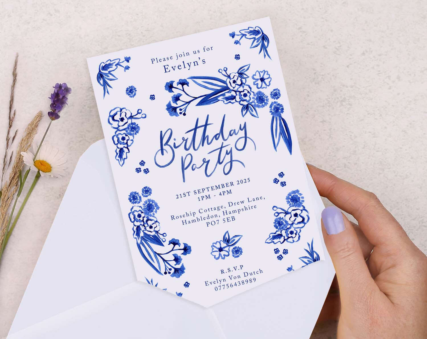 Personalised A6 Blue Floral Birthday Invitation