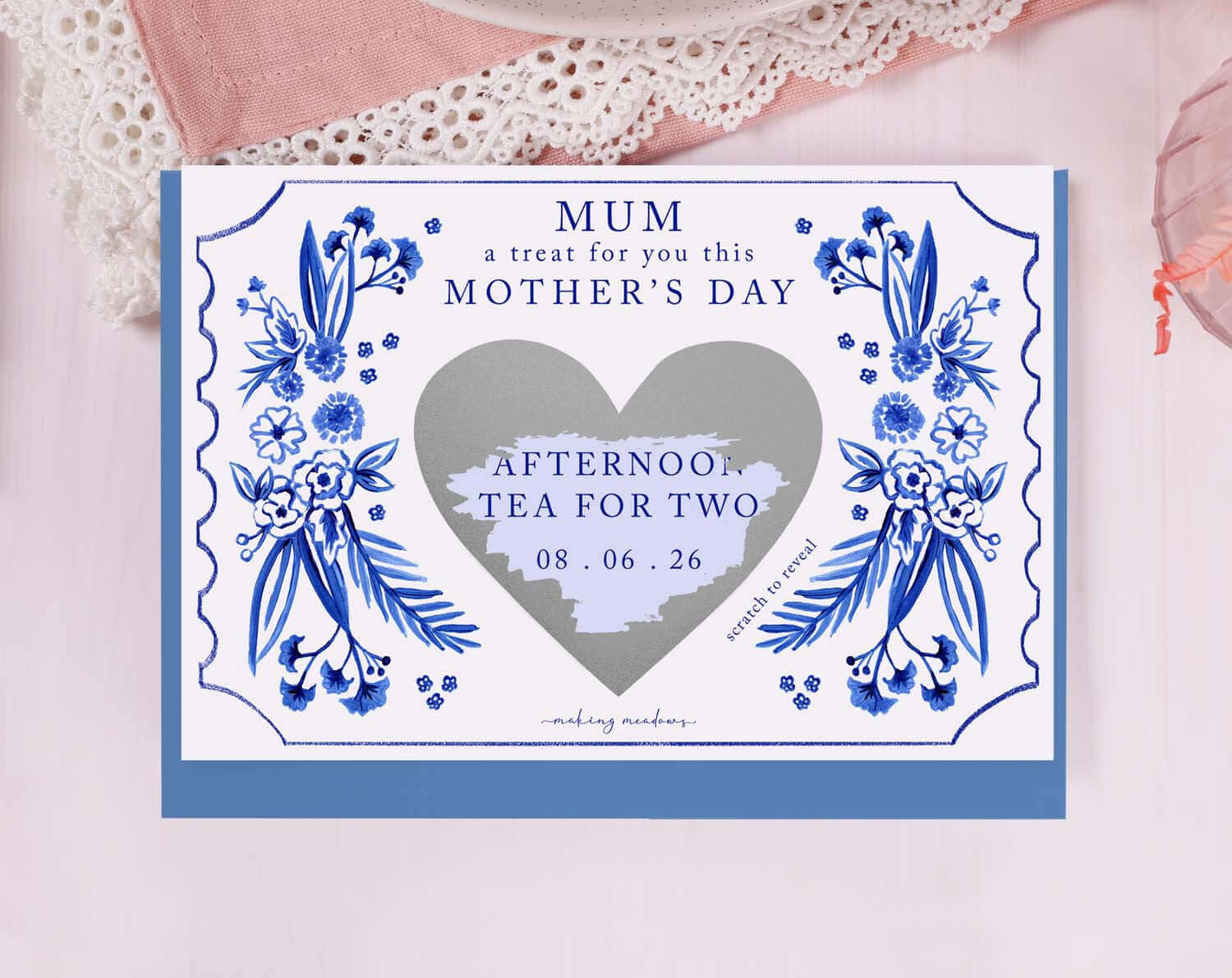 Blue Floral Mum Gift Reveal Scratch Card. Greeting Cards designed by Making Meadows