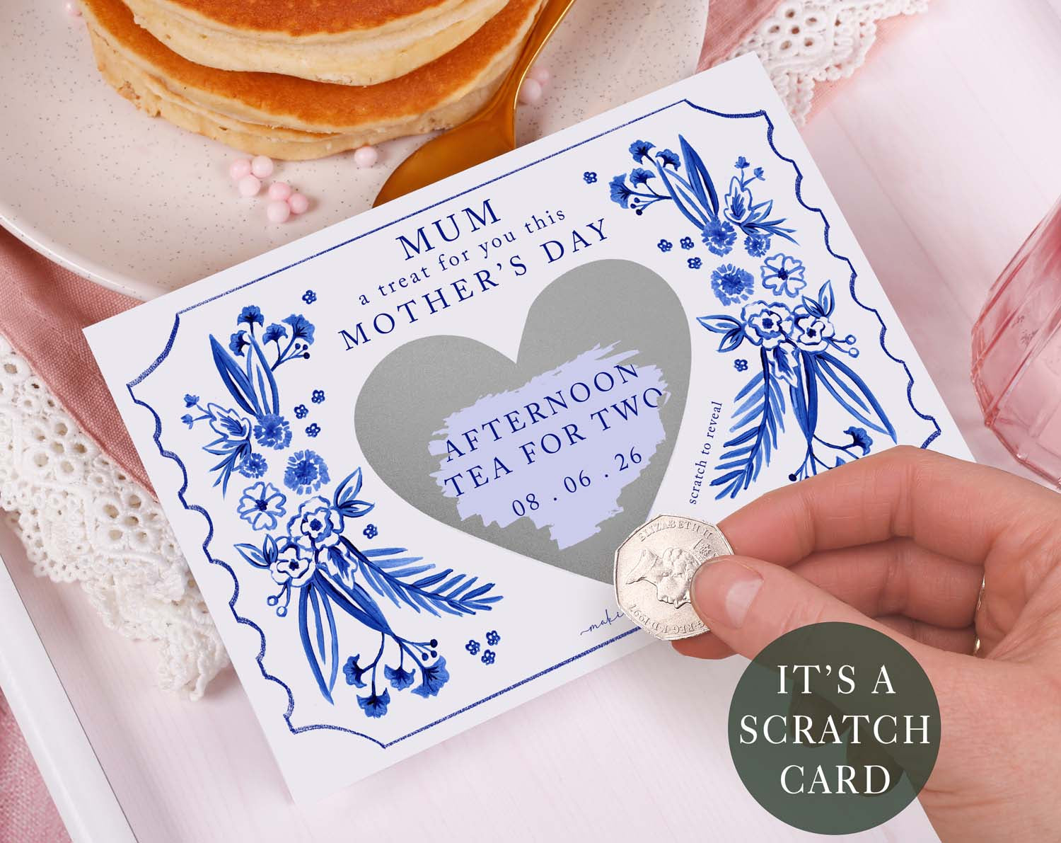 Blue Floral Mum Gift Reveal Scratch Card. Greeting Cards designed by Making Meadows