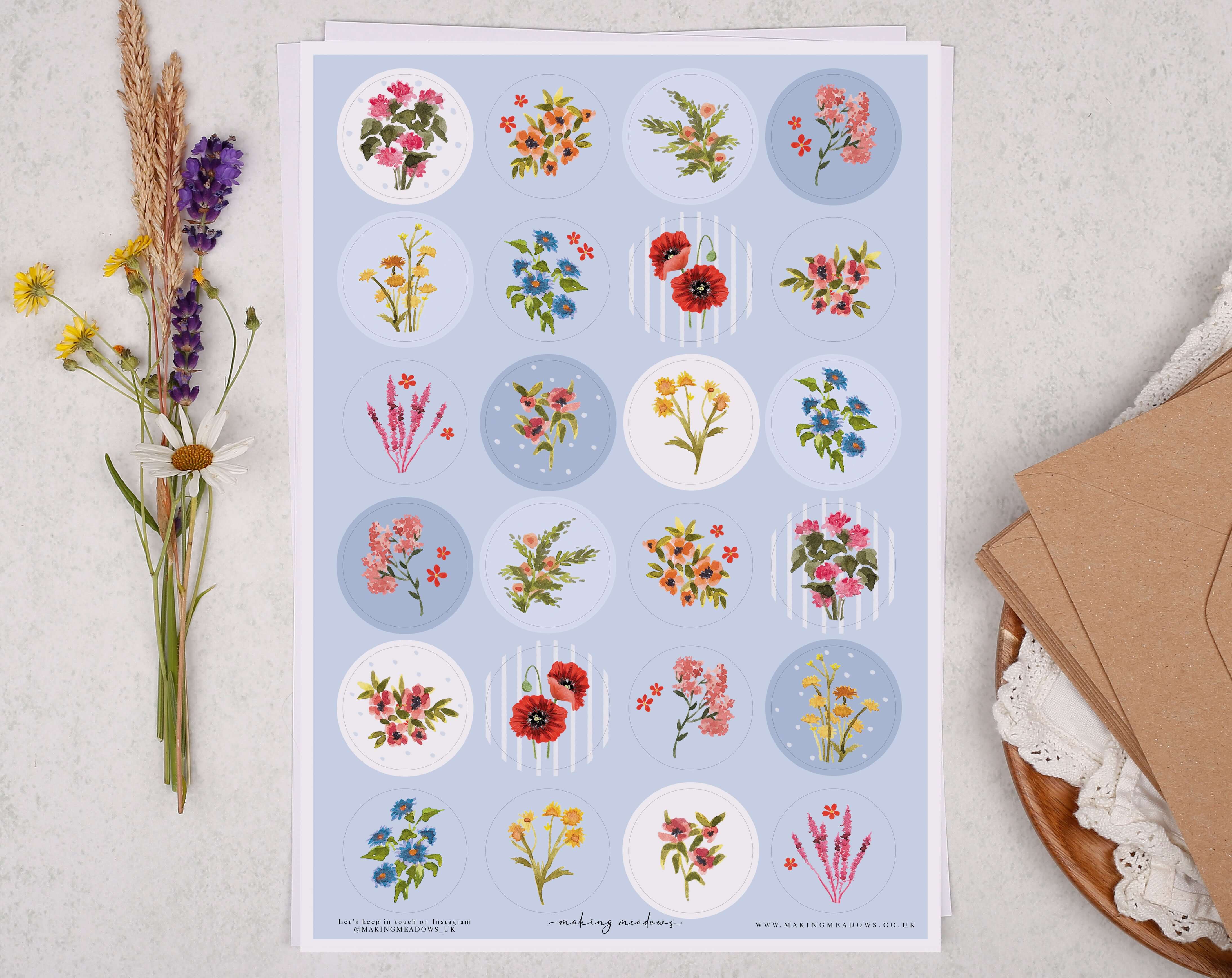 Blue Floral Sticker Sheet. Decorative Stickers designed by Making Meadows
