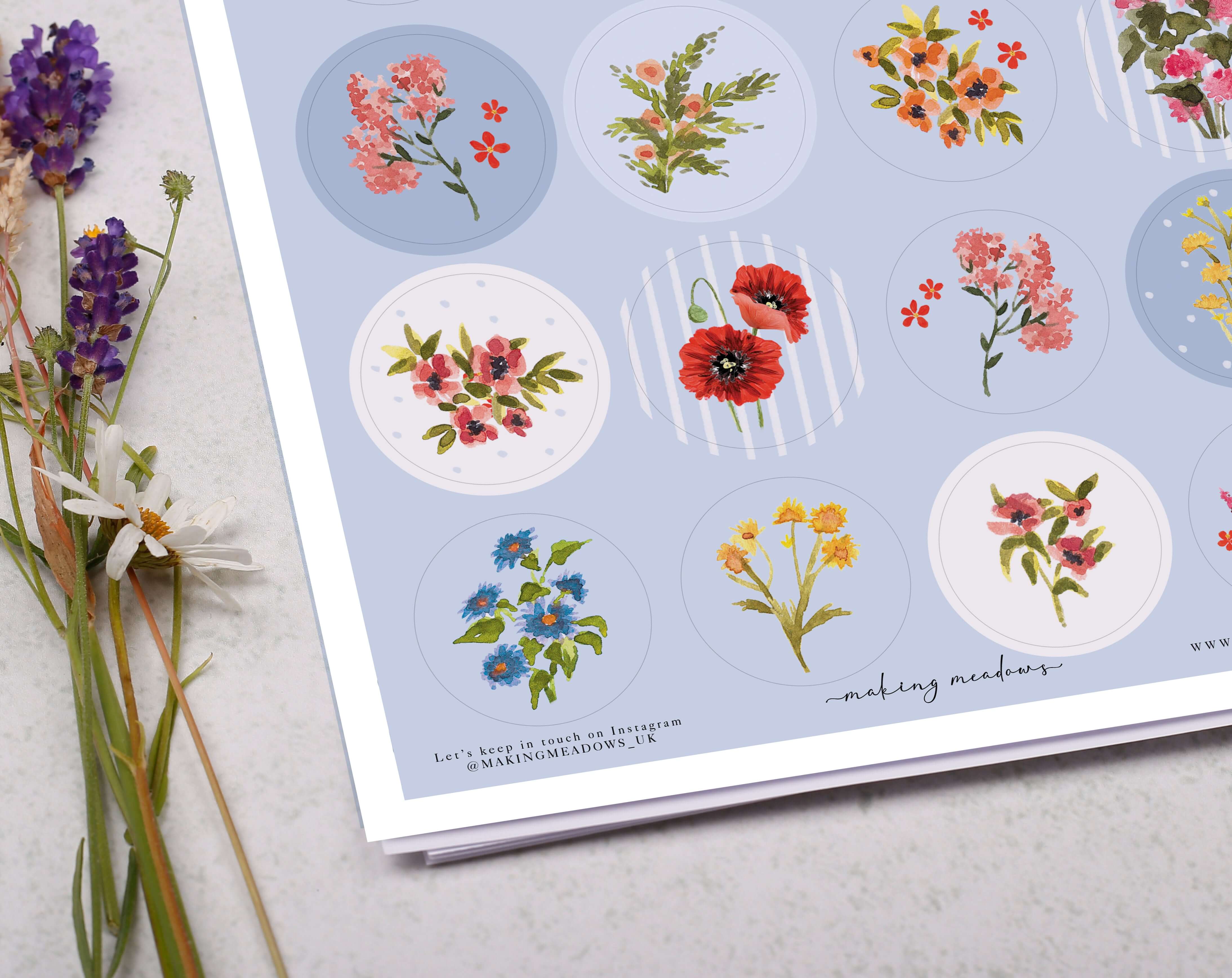 Blue Floral Sticker Sheet. Decorative Stickers designed by Making Meadows