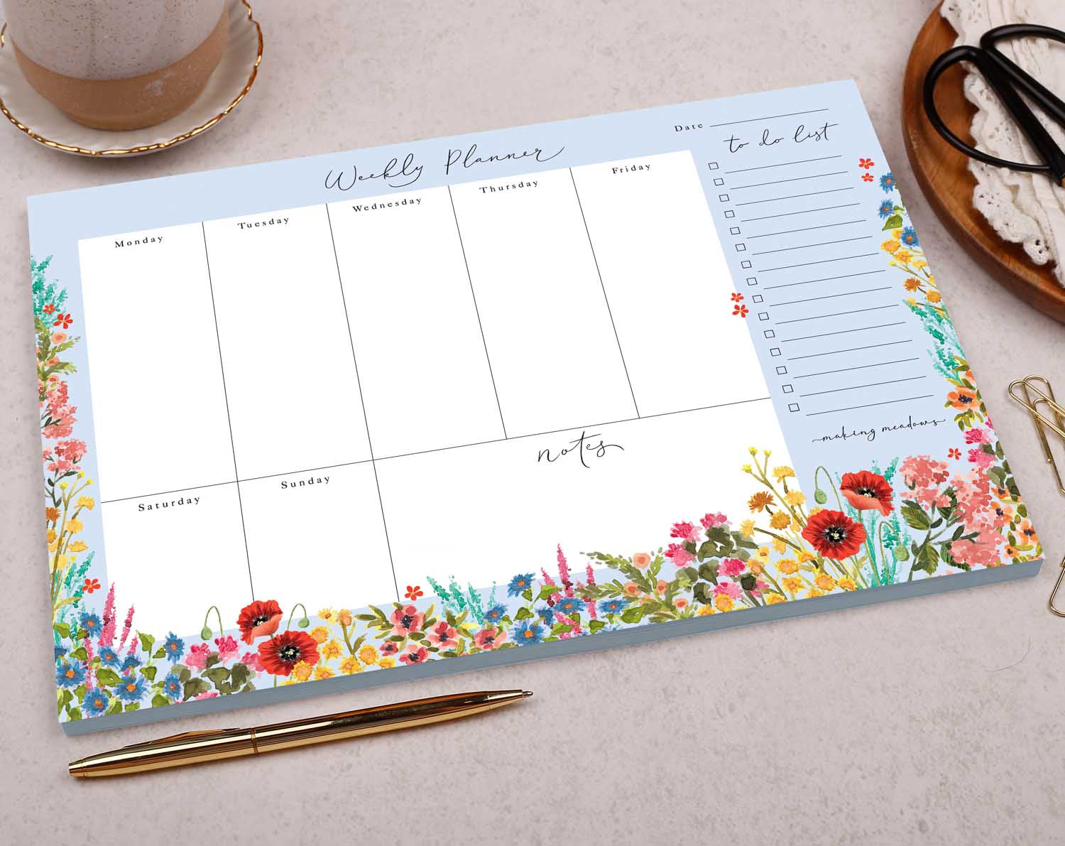 Blue Floral Weekly Planner Desk Pad. Desk Pads & Blotters designed by Making Meadows