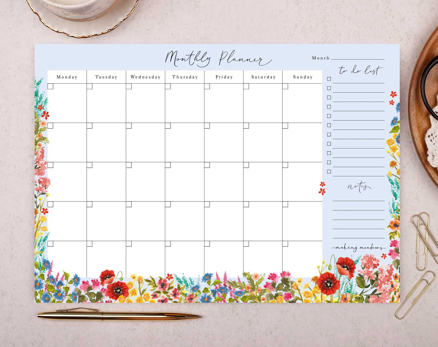 Blue Flowers Monthly Planner Desk Pad. Desk Pads & Blotters designed by Making Meadows