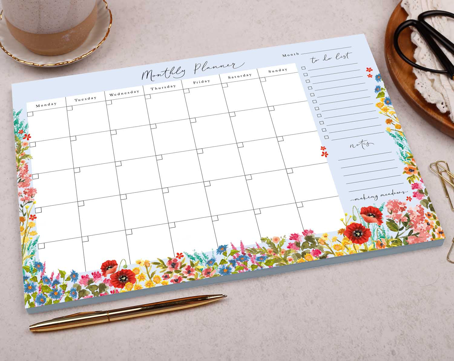 Blue Flowers Monthly Planner Desk Pad. Desk Pads & Blotters designed by Making Meadows