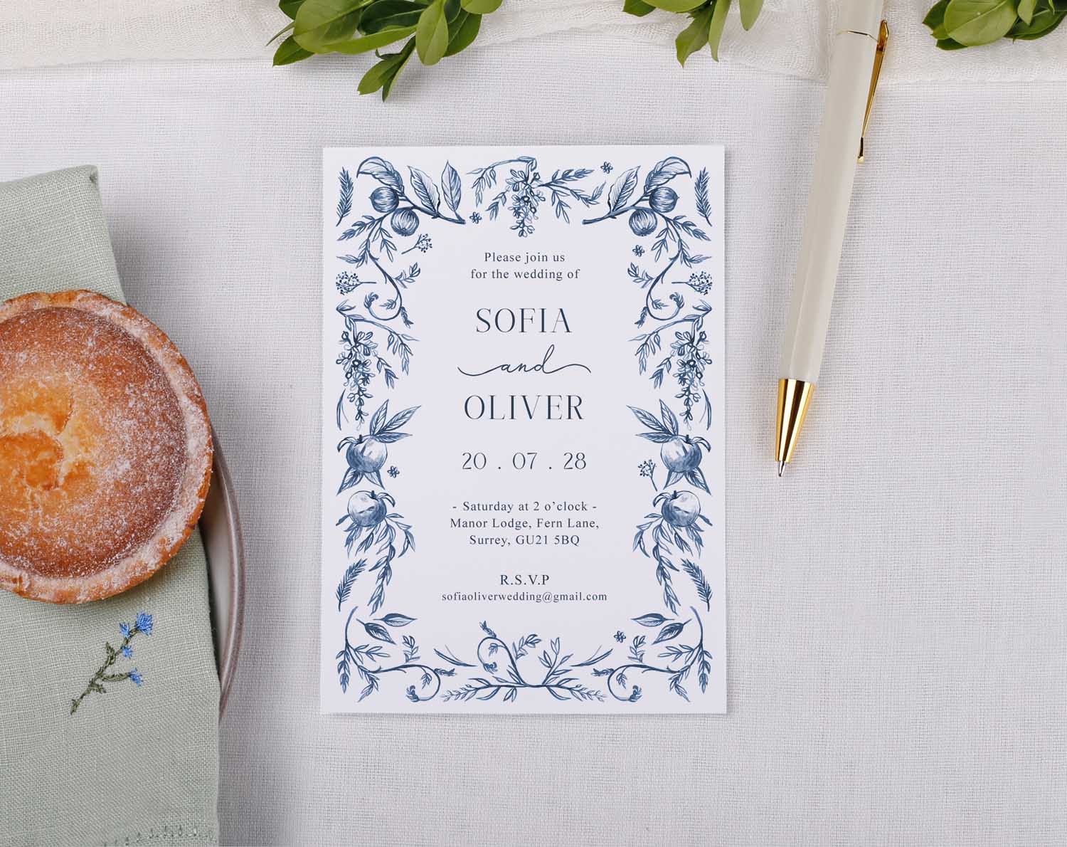 Blue Garden Wedding Invitations featuring a personalised floral design for a garden wedding.