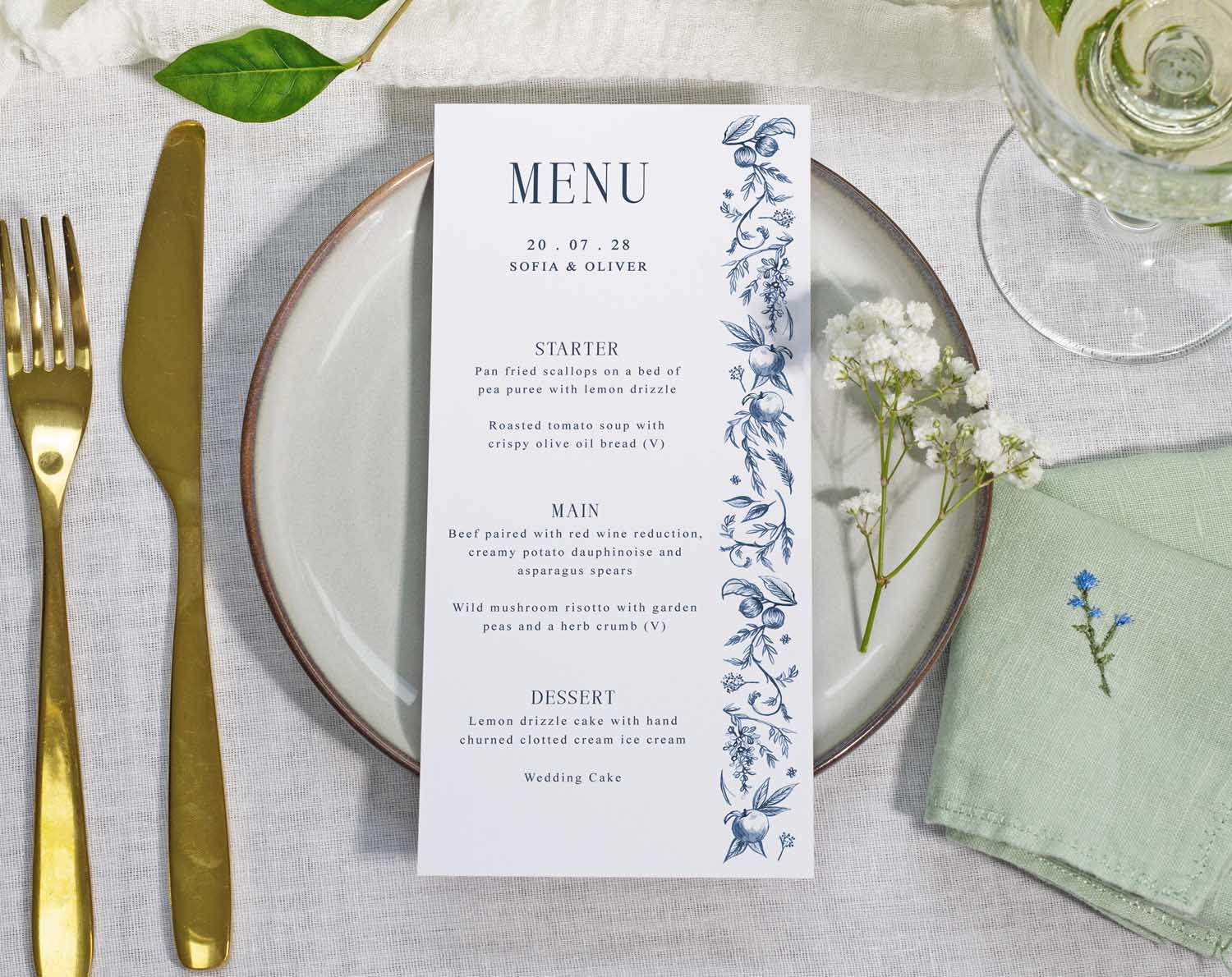 Blue Garden Wedding Menus featuring a floral design and personalised details.