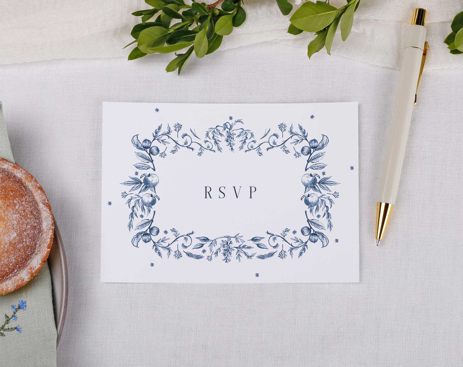 Blue Garden Wedding RSVP Cards featuring delicate floral design with RSVP text.