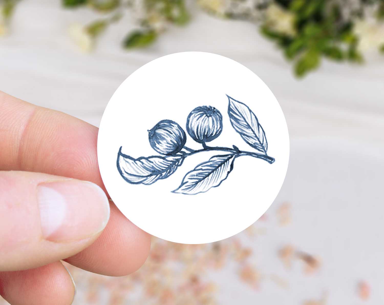 Blue Garden Wedding Stickers featuring botanical illustration of a walnut tree branch for envelope seals.