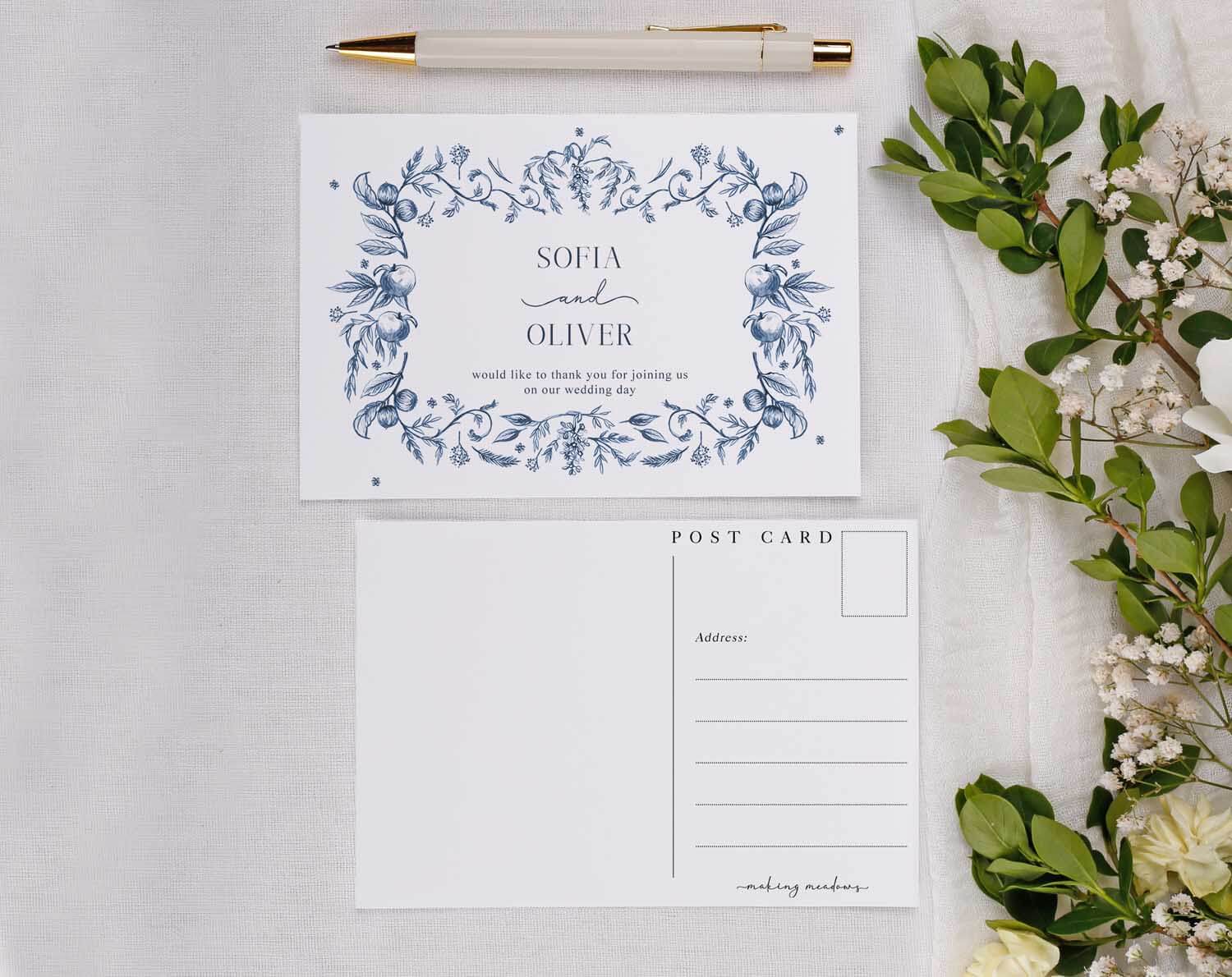 Blue Garden Wedding Thank You Postcards featuring floral design and personalized names on elegant cardstock.