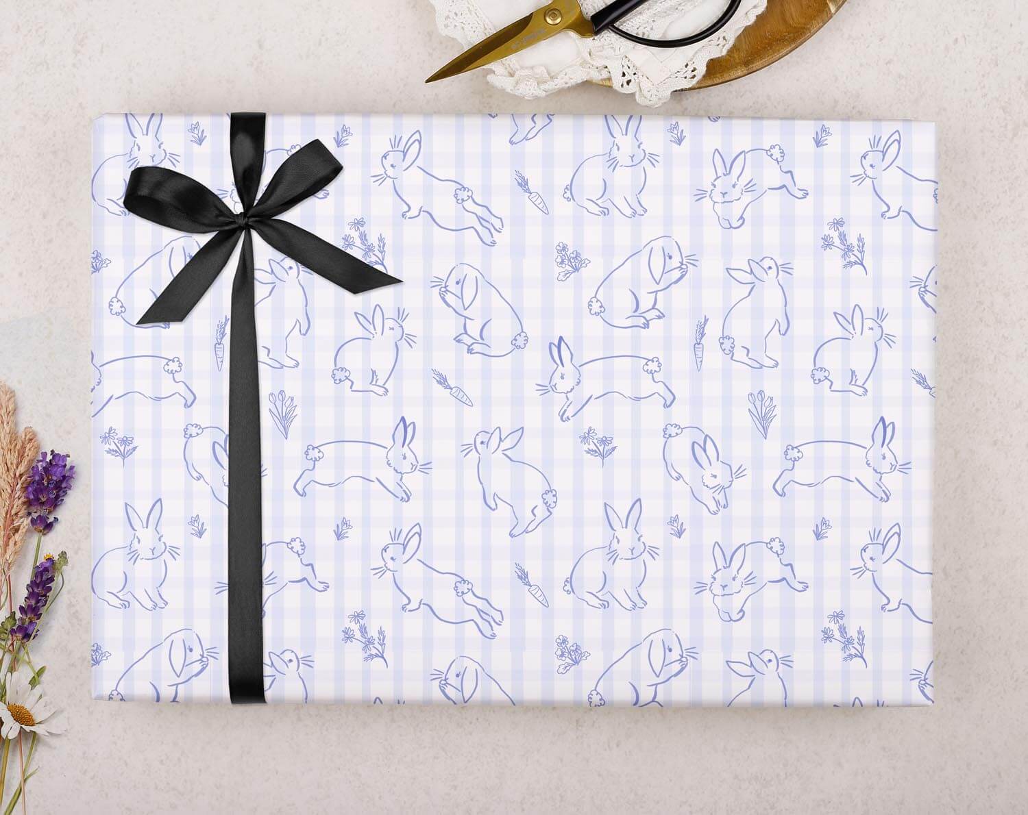Blue Gingham Bunny Wrapping Paper. Wrapping Paper designed by Making Meadows