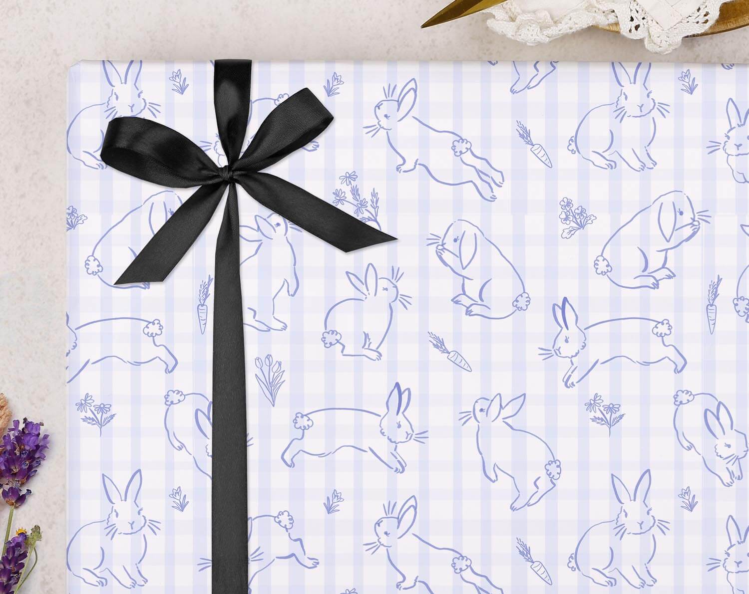 Blue Gingham Bunny Wrapping Paper. Wrapping Paper designed by Making Meadows