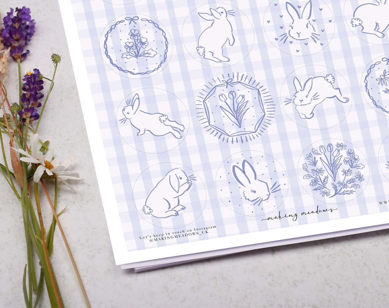 Blue Gingham Rabbit Sticker Sheet. Decorative Stickers designed by Making Meadows