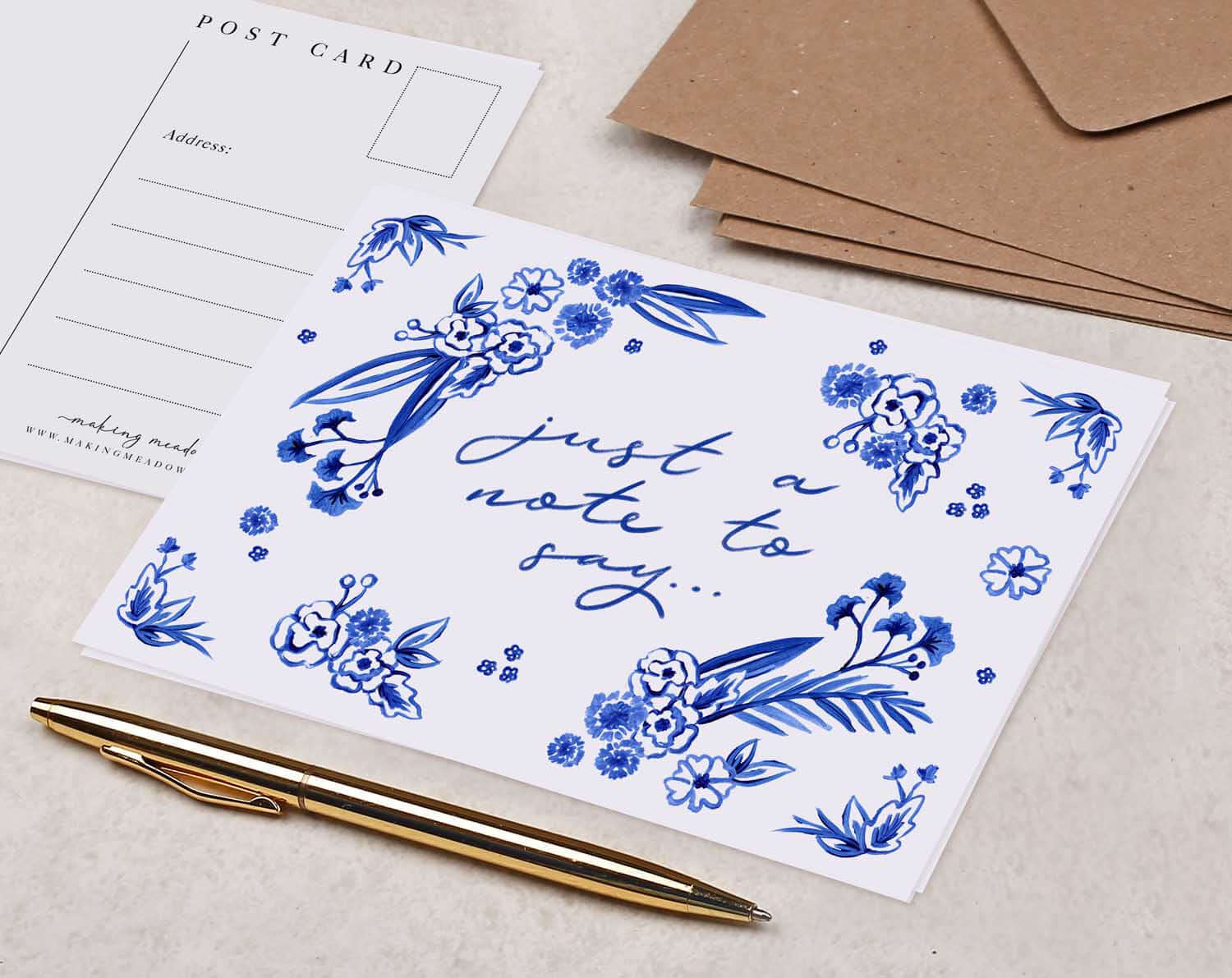 Blue Porcelain Just A Note To Say Postcard. Post Cards designed by Making Meadows