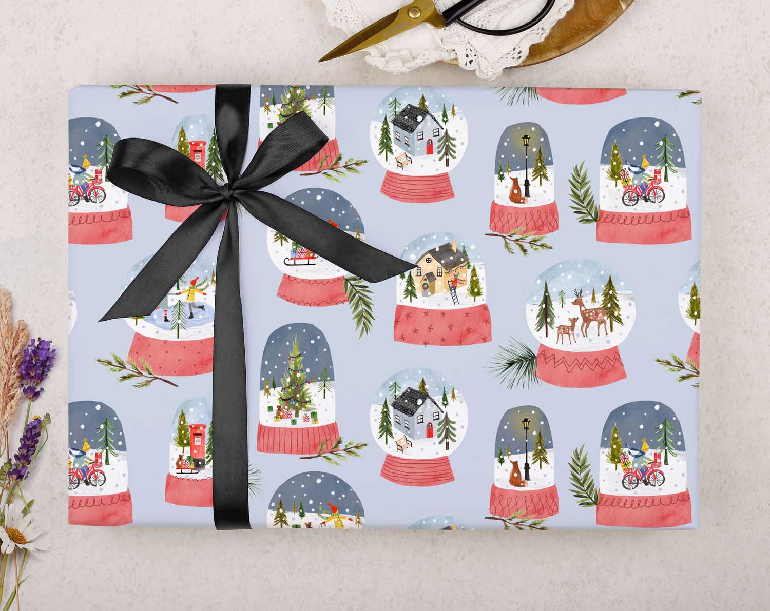 Blue Snow Globe Christmas Wrapping Paper. Wrapping Paper designed by Making Meadows