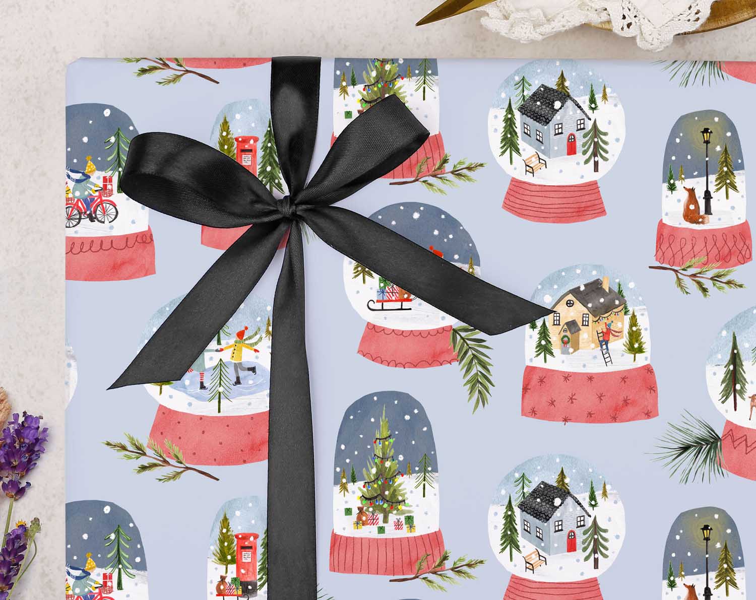 Blue Snow Globe Christmas Wrapping Paper. Wrapping Paper designed by Making Meadows