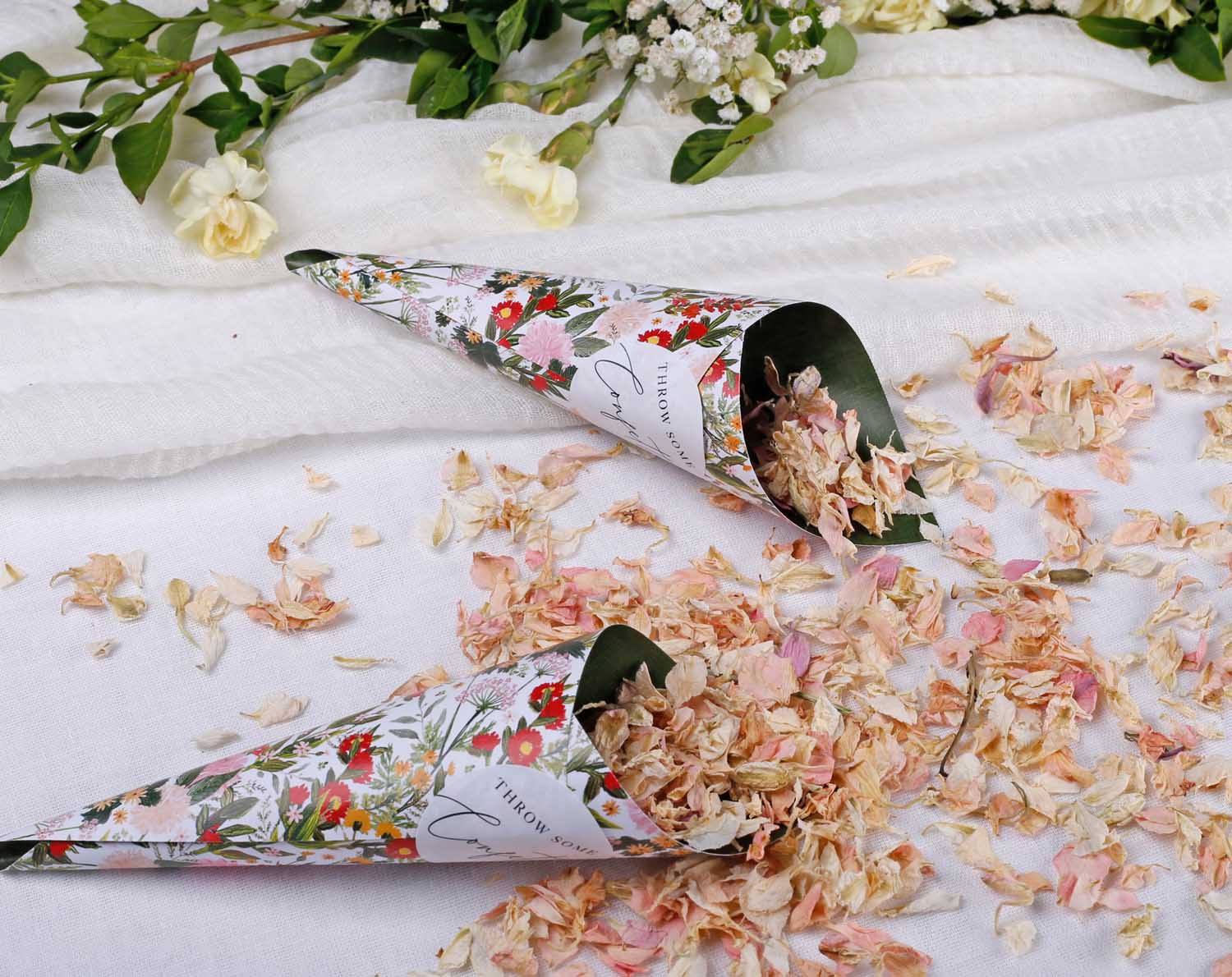 Boho Wedding Confetti Cones filled with floral confetti