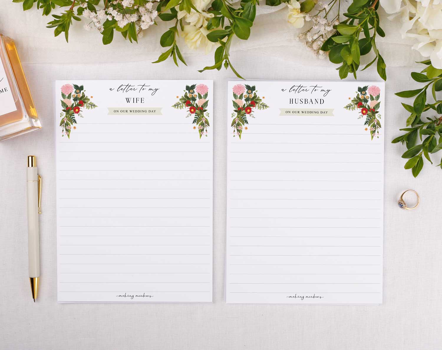 Boho Wedding Letter to My Wife and Husband stationery with floral design for wedding day messages