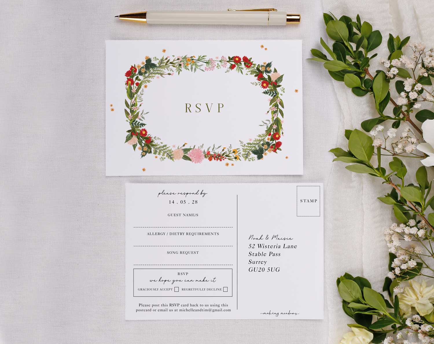 Boho Wedding RSVP Cards featuring lush floral design, inviting guests to respond to wedding invitations.