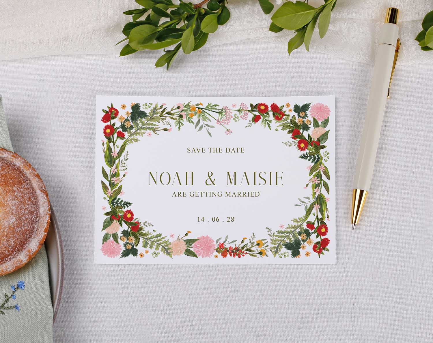 Boho Wedding Save The Date cards featuring floral design and personalized text for Noah & Maisie's upcoming wedding.