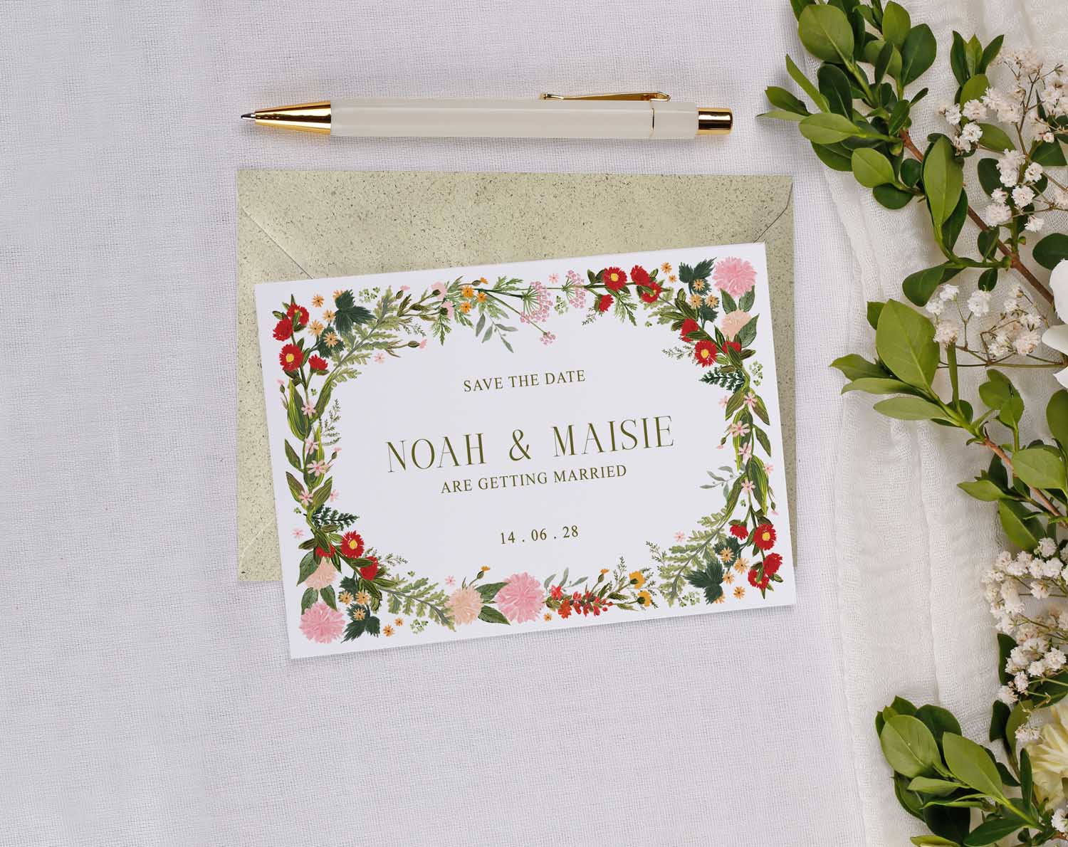 Boho Wedding Save The Date cards featuring floral design with names Noah & Maisie and wedding date 14.06.28.