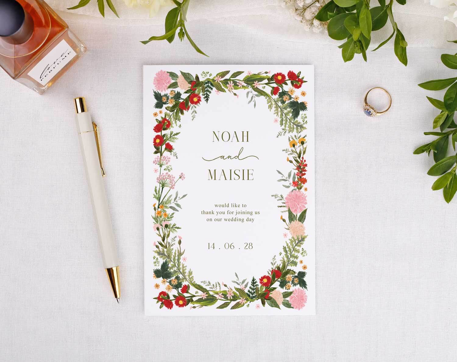 Boho Wedding Thank You Cards with floral design and text, perfect for post-wedding gratitude.