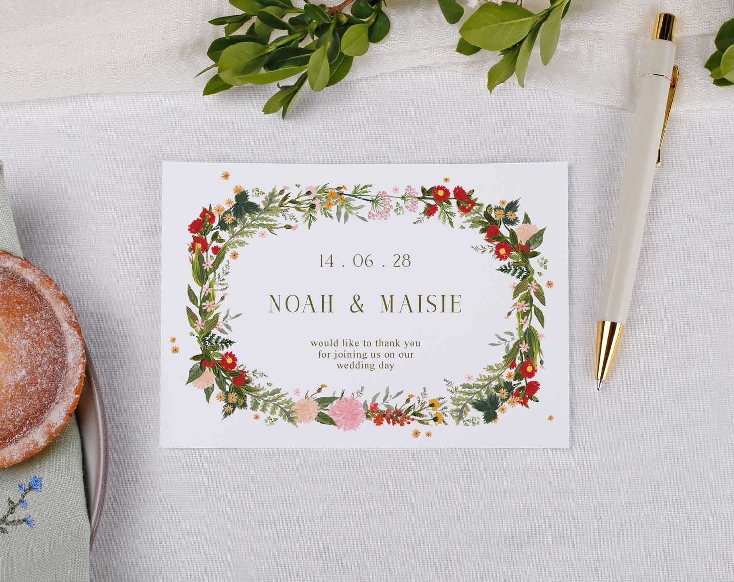 Boho Wedding Thank You Postcards featuring floral design and personalized message for wedding appreciation.