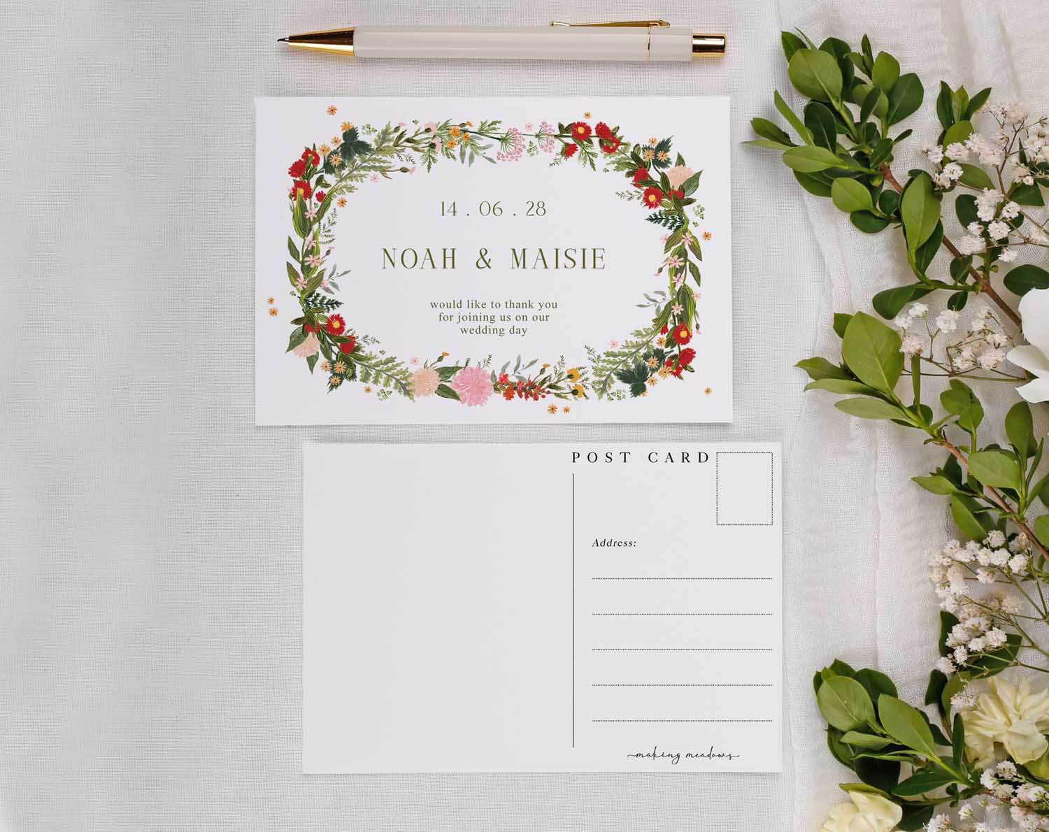 Boho Wedding Thank You Postcards featuring floral design with space for personalized message and recipient address.