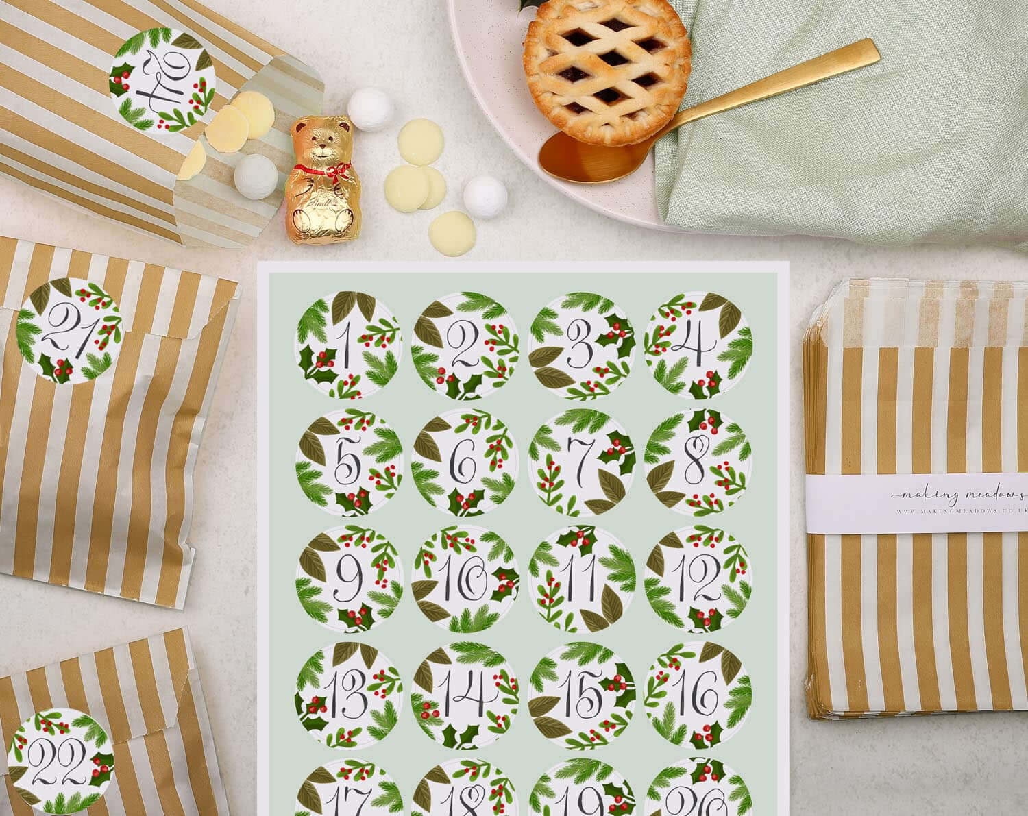 Botanical Christmas Advent Calendar With Bronze Bags. Advent Calendars designed by Making Meadows