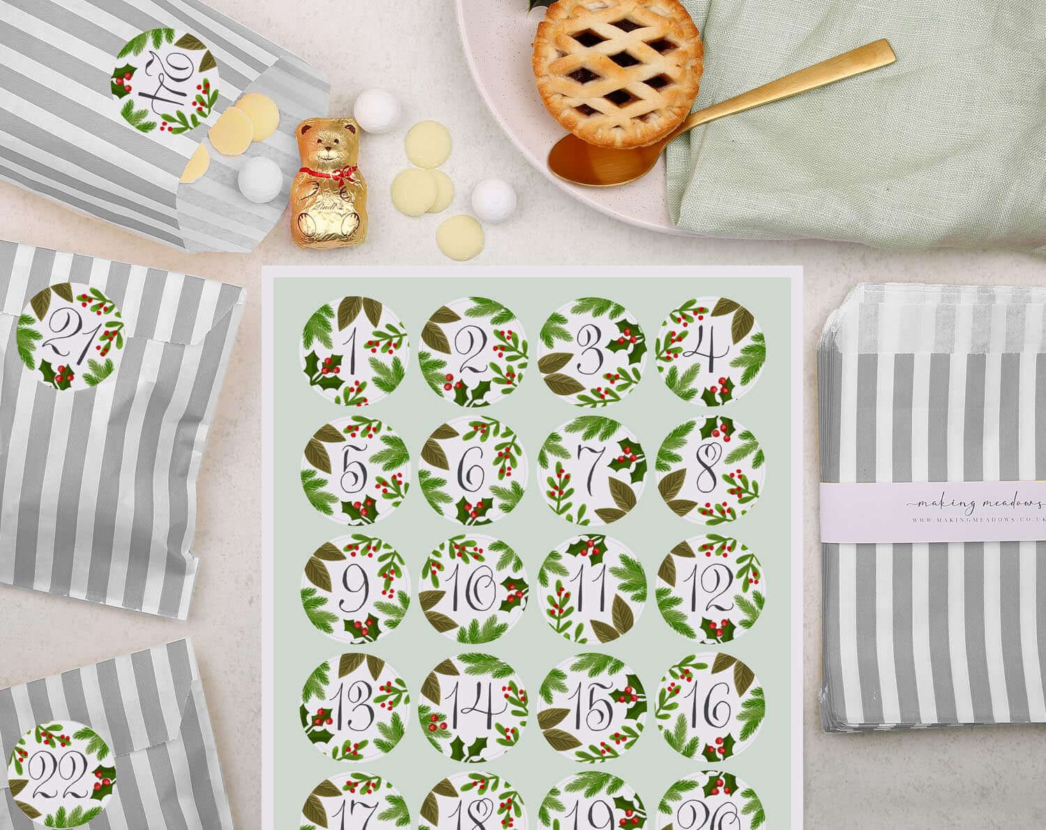 Botanical Christmas Advent Calendar With Silver Bags. Advent Calendars designed by Making Meadows