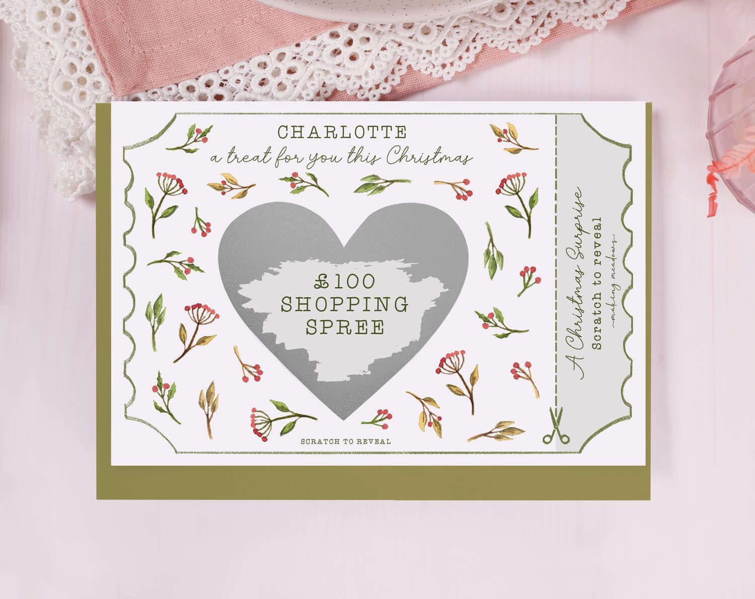 Botanical Christmas Surprise Gift Reveal Scratch Card. Greeting & Note Cards designed by Making Meadows
