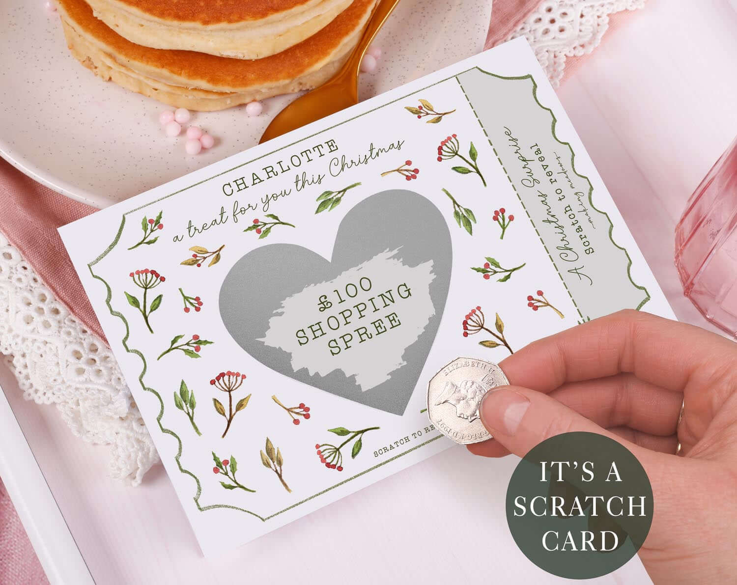 Botanical Christmas Surprise Gift Reveal Scratch Card. Greeting & Note Cards designed by Making Meadows