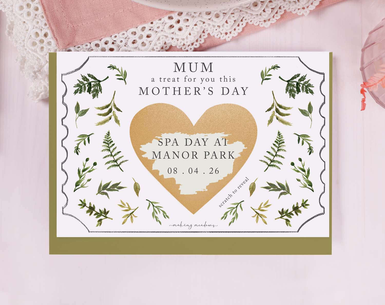 Botanical Mum Gift Reveal Scratch Card. Greeting Cards designed by Making Meadows