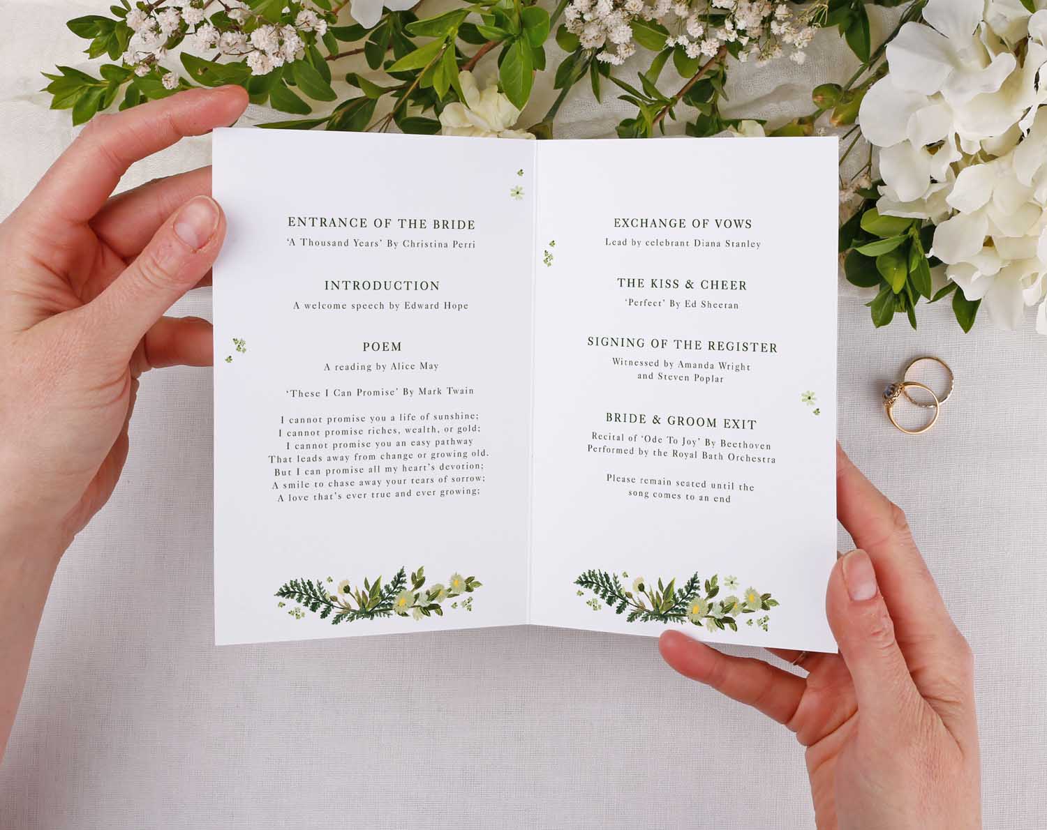 Botanical Order Of Service booklet with a fresh botanical design featuring greenery and floral details for a wedding ceremony.