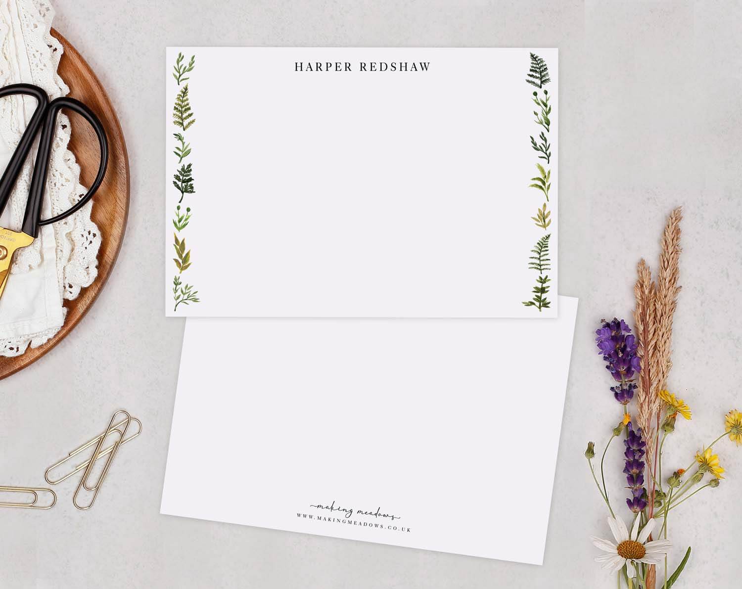 Botanical Personalised Note cards featuring elegant botanical illustrations, perfect for correspondence and personal messages.