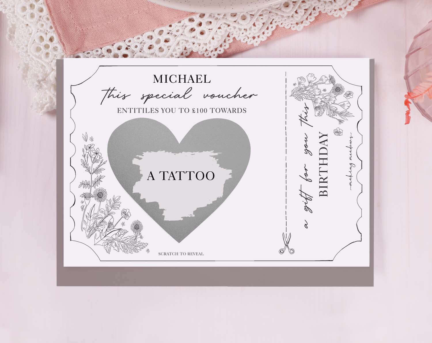 Botanical Surprise Tattoo Gift Reveal Scratch Card. Greeting & Note Cards designed by Making Meadows