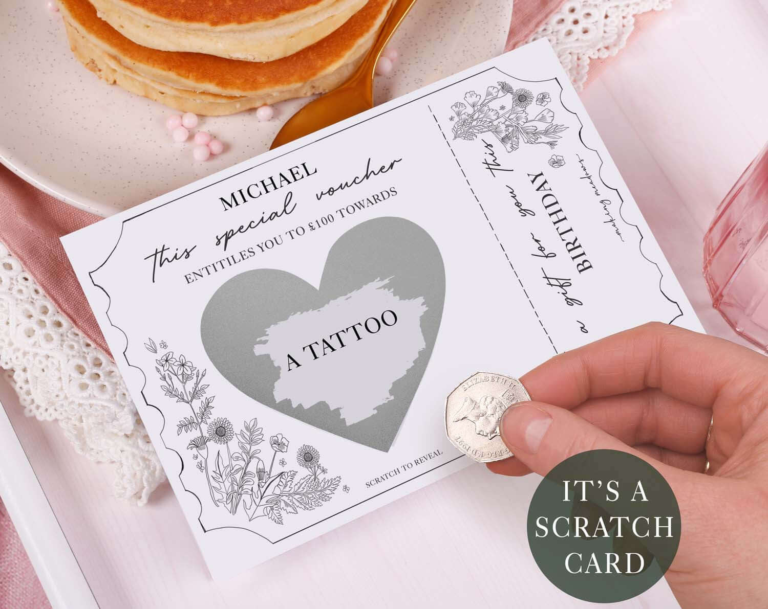 Botanical Surprise Tattoo Gift Reveal Scratch Card. Greeting & Note Cards designed by Making Meadows