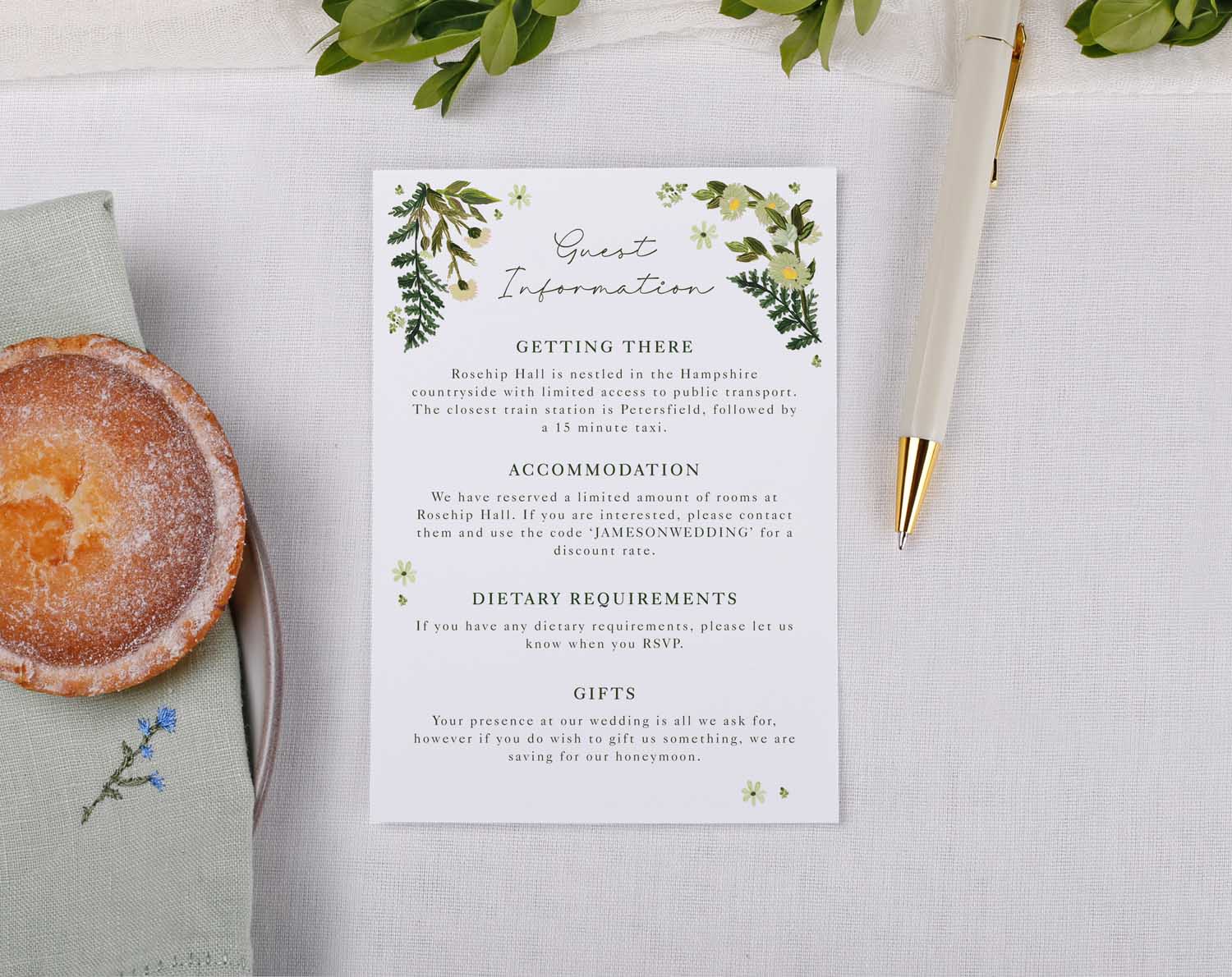Botanical Wedding Information Cards featuring details like getting there, accommodation, dietary requirements, and gifts.