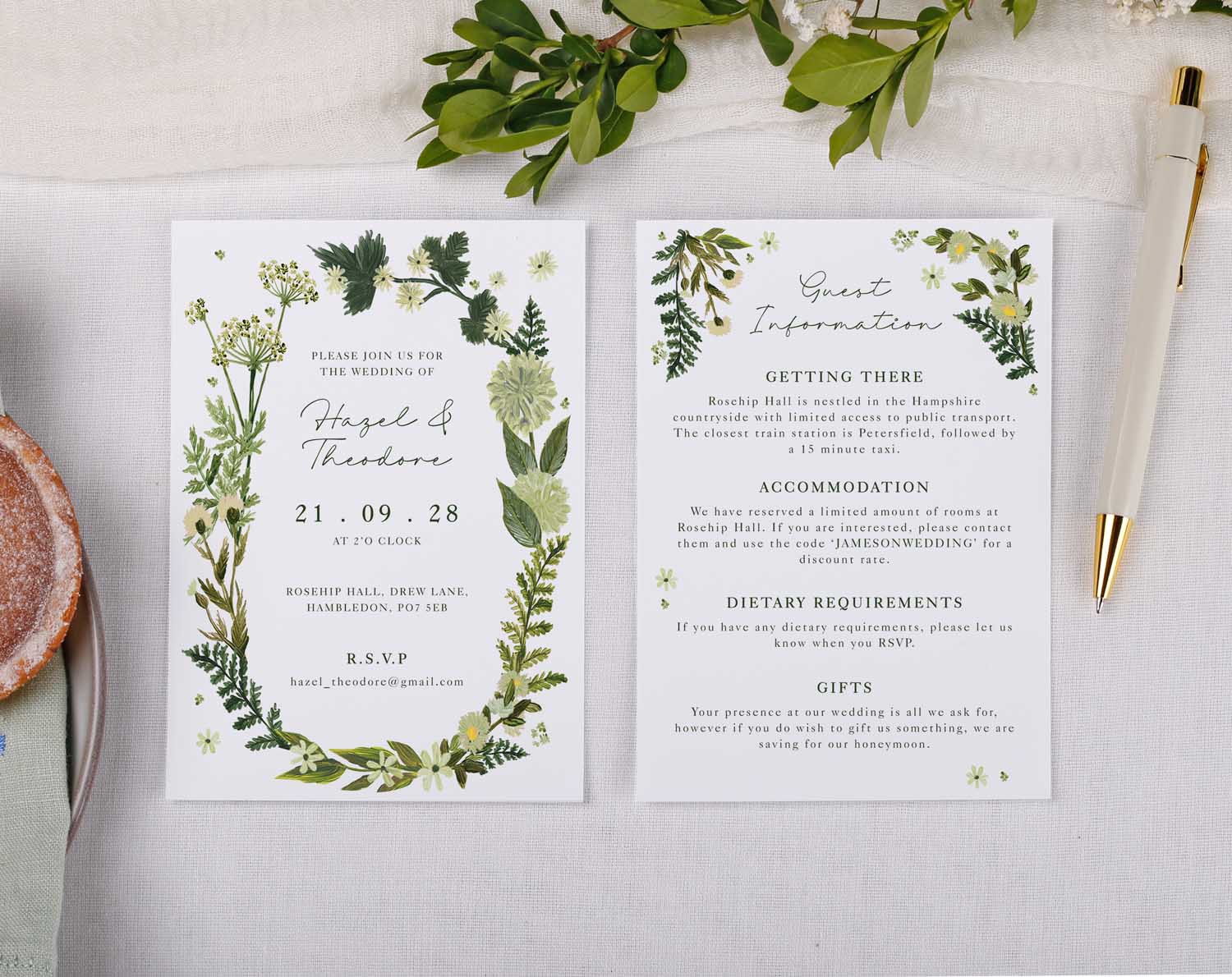 Botanical Wedding Information Cards featuring elegant floral designs, perfect for sharing essential wedding details.
