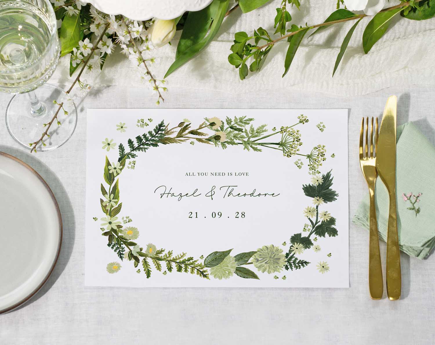 Botanical Wedding Placemats featuring floral design for a rustic wedding table setting.