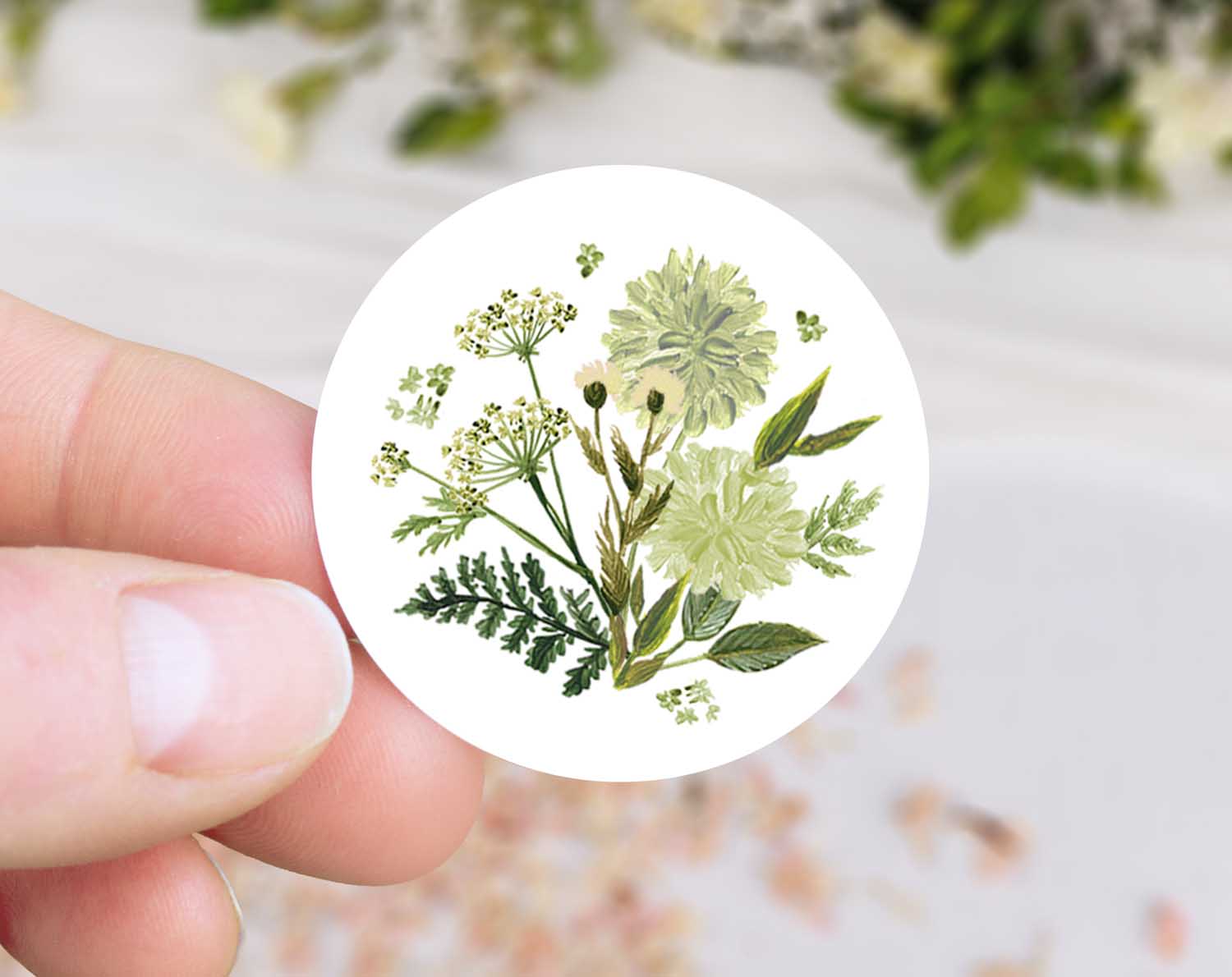 Botanical Wedding Stickers featuring lush green floral design, perfect for sealing wedding envelopes and decor.