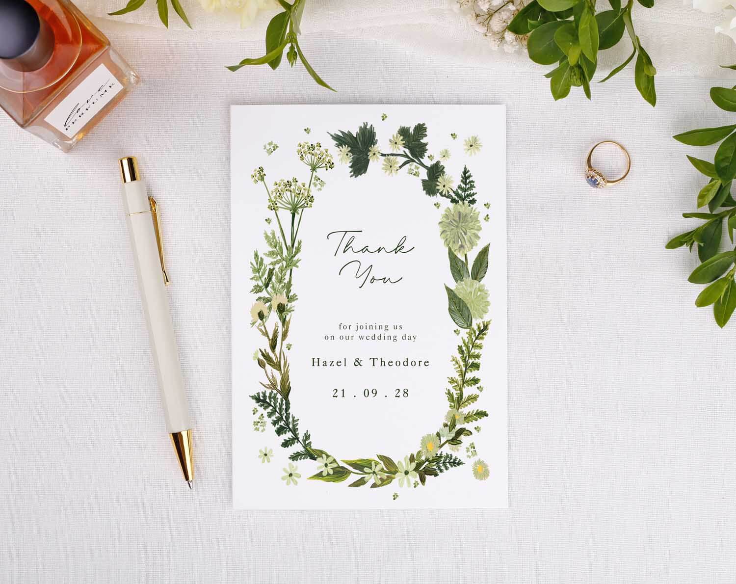Botanical Wedding Thank You Cards with floral design, thanking guests from Hazel & Theodore, dated 21.09.28.