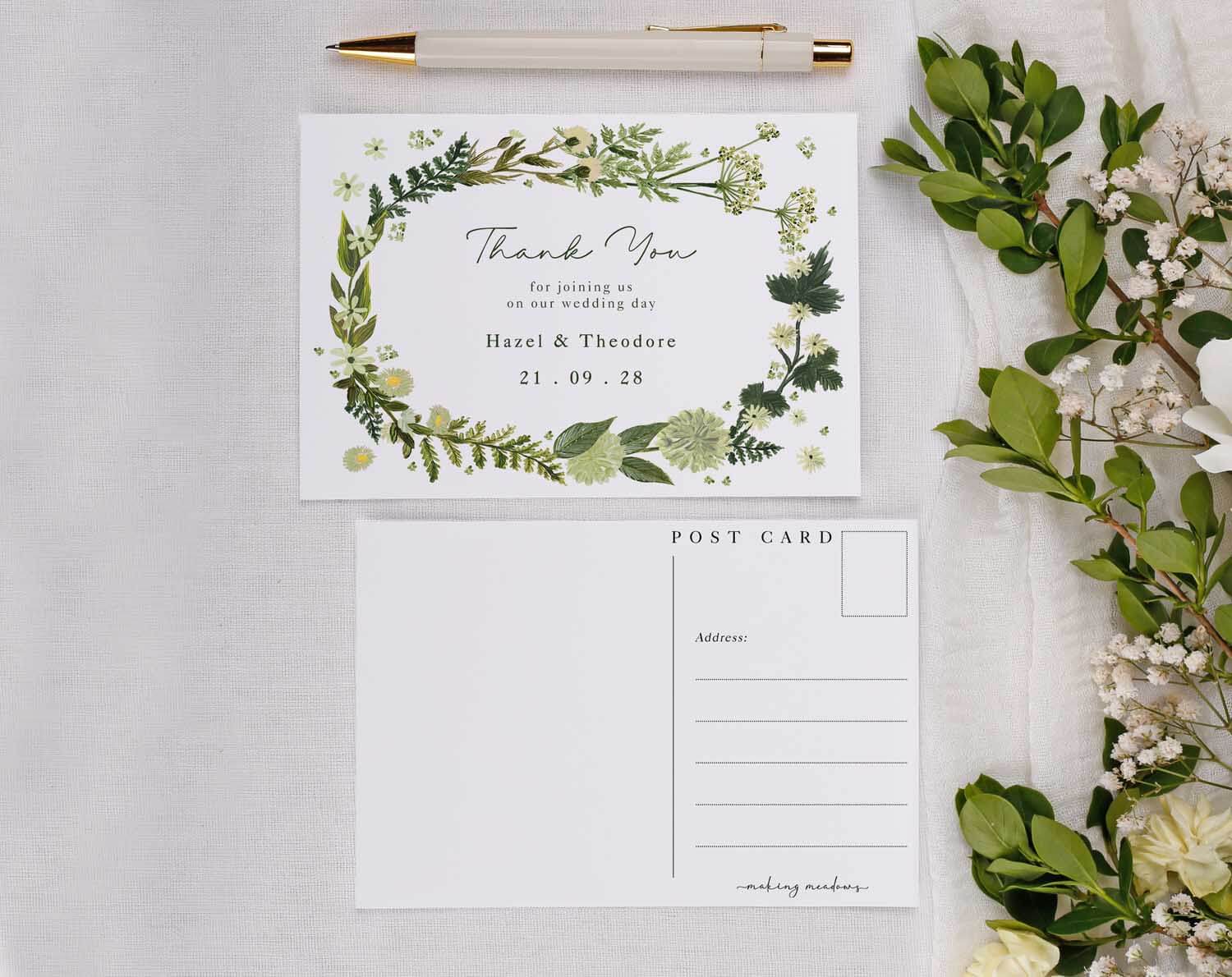 Botanical Wedding Thank You Postcards featuring floral design and personalized message for wedding guests.